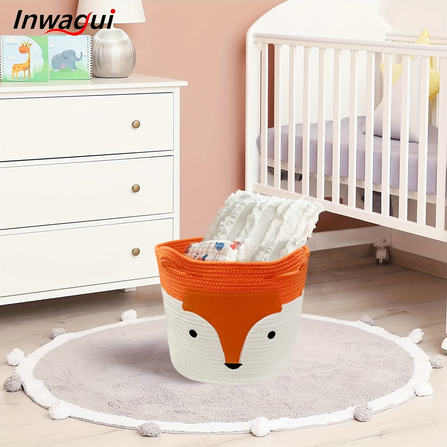 Rope Basket, Large Woven Storage Basket, Baby Toy Basket, Nursery Blanket Laundry Hamper with Handles for Kids, Clothes, Home Decor, Cute Fox 35X30X28Cm/13.78X11.81X11.02Inch, Orange, Laundry Baskets