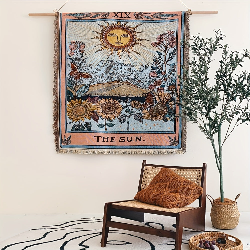 Bohemian Sun Tarot Card Design Throw Blanket - Soft, Lightweight, Washable Knit with Tassels, Perfect for Bed, Sofa, Yoga, Camping & Picnics, Indoor & Outdoor Use, Picnic Blanket | Bohemian Style | Fringed Detailing, Bohemian