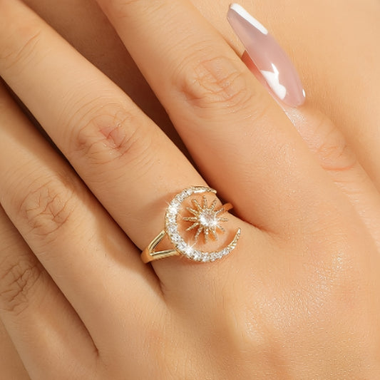 Elegant Style Star Moon Crystal Ladies Ring Inlaid zirconia Chunky Open Adjustable Ring For Women for eid, ramadan