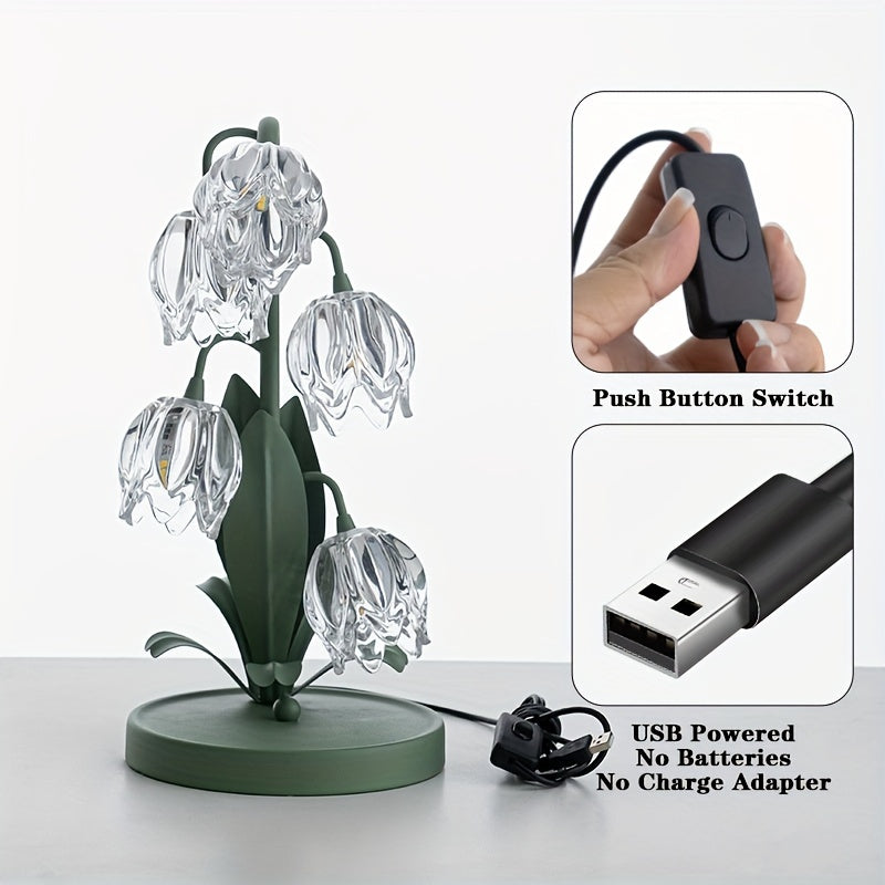 Elegant Crystal Orchid Table Lamp – Art Deco Glass Flower Design with Frosted Metal Finish, USB-Powered Ambient Light for Bedroom, Living Room, or Study Decor, Table Lamp for Bedroom