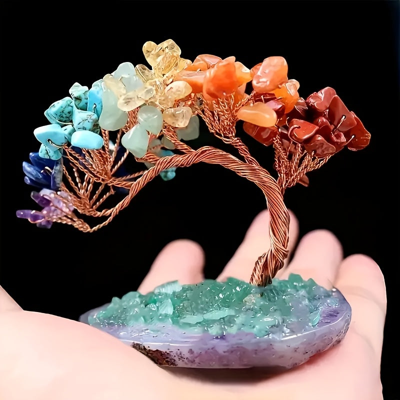 1pc Seven Chakra Stone Potted Plant Tree, Handcrafted Crystal Money Tree With Natural Agate Base, Lucky Decorative Craft For Wealth And Prosperity, Irregular Cracks & Small Gaps Possible -Jewelry Patterns