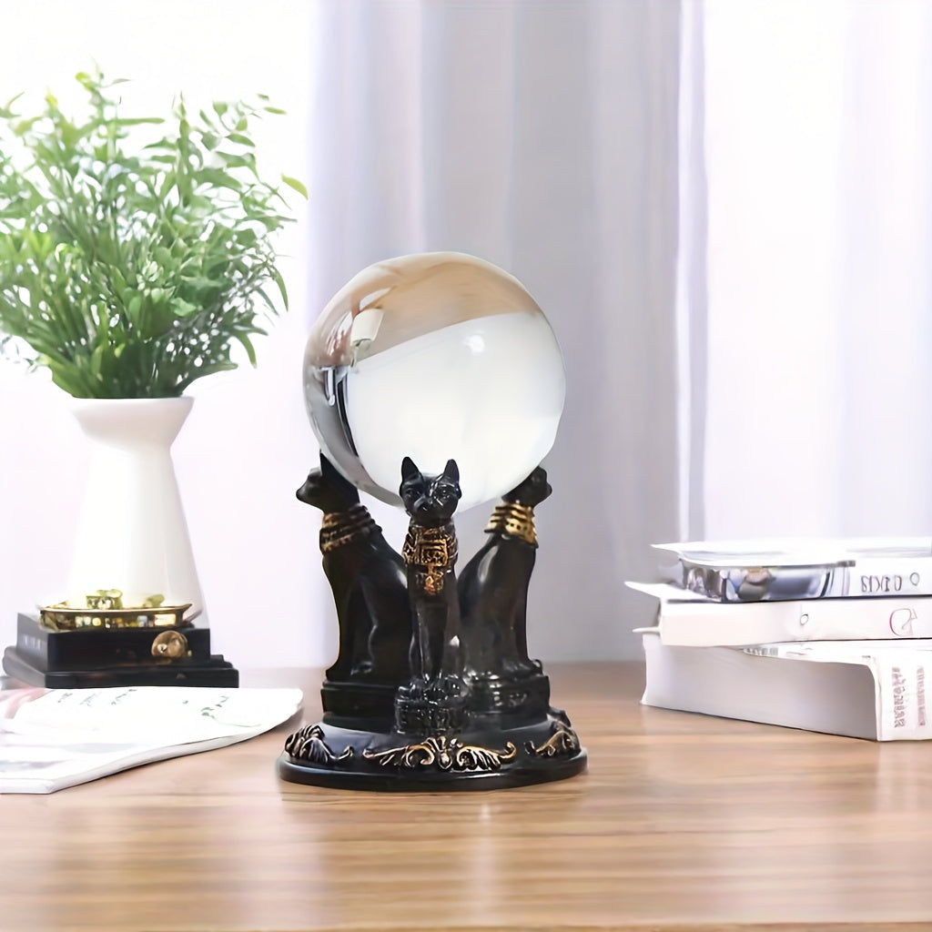 Egyptian Goddess Bastet Cat Statue with Crystal Ball Stand - Collectible Resin Figurine for Living Room, Indoor Use, No Electricity Required, Home Decor Desk Ornament, Gift for Cat Lovers (Ball Not Included)