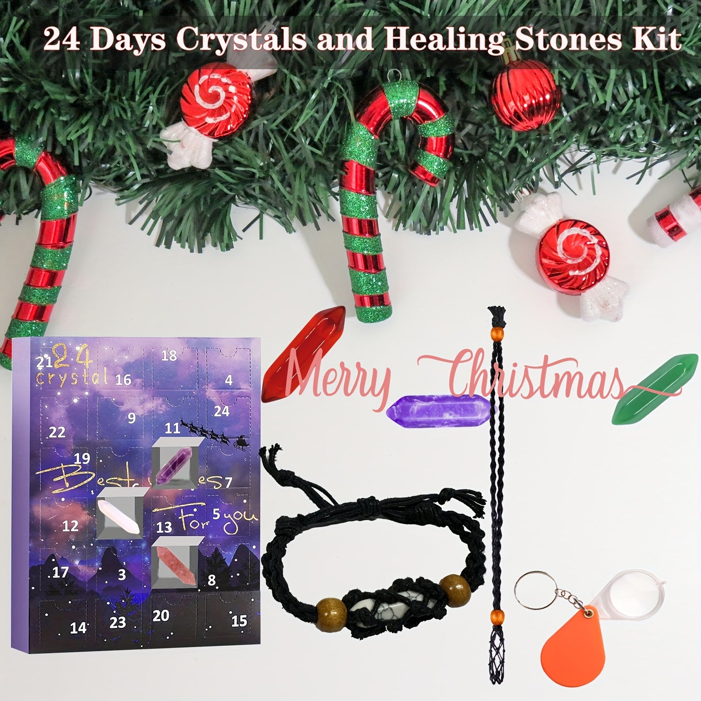 Advent Calendar 2023-24 Days of Crystals and Stones Kit with Crystal Necklace Holder, Magnifier, and Storage Bag - Christmas Countdown Gifts for Girls Boys Kids Adults and Teenagers