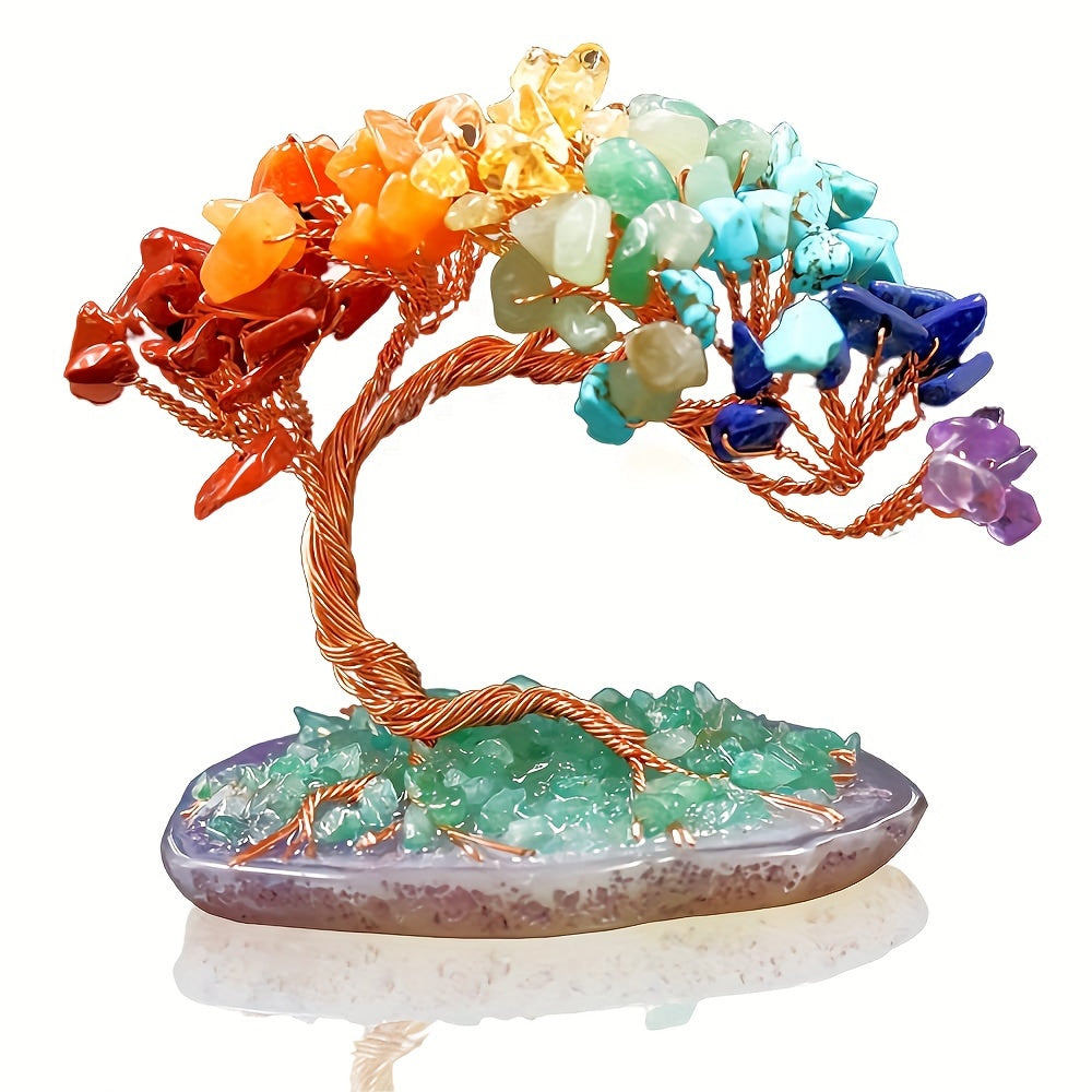 1pc Seven Chakra Stone Potted Plant Tree, Handcrafted Crystal Money Tree With Natural Agate Base, Lucky Decorative Craft For Wealth And Prosperity, Irregular Cracks & Small Gaps Possible -Jewelry Patterns