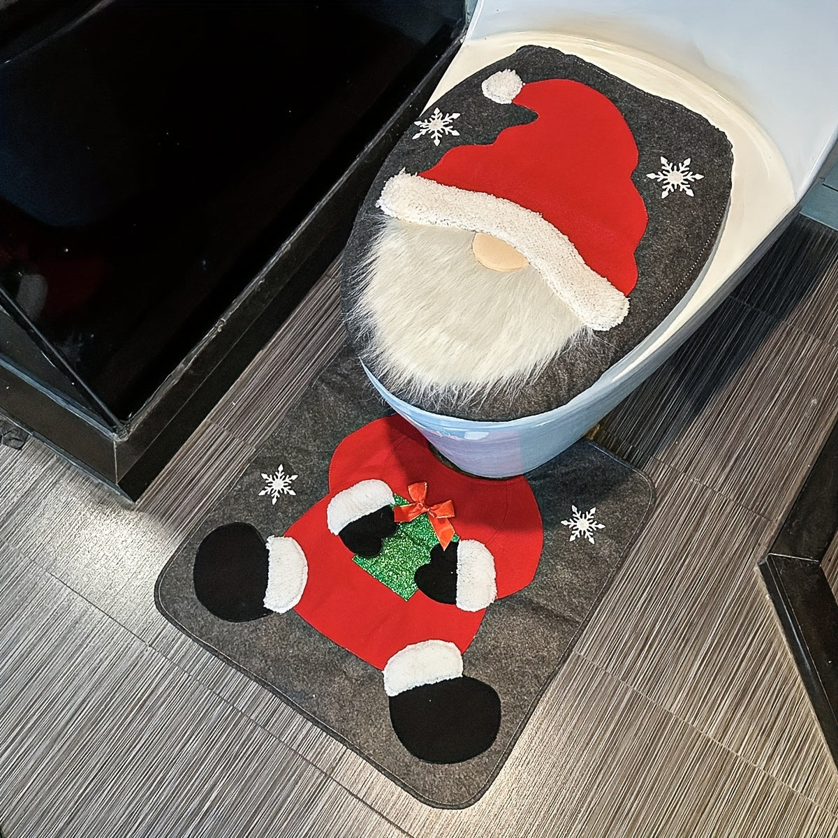 Festive Santa and Snowman Toilet Seat Cover and Rug Set - Seasonal Bathroom Decor - Christmas Gift Idea - Suitable for Holiday Home Accessories