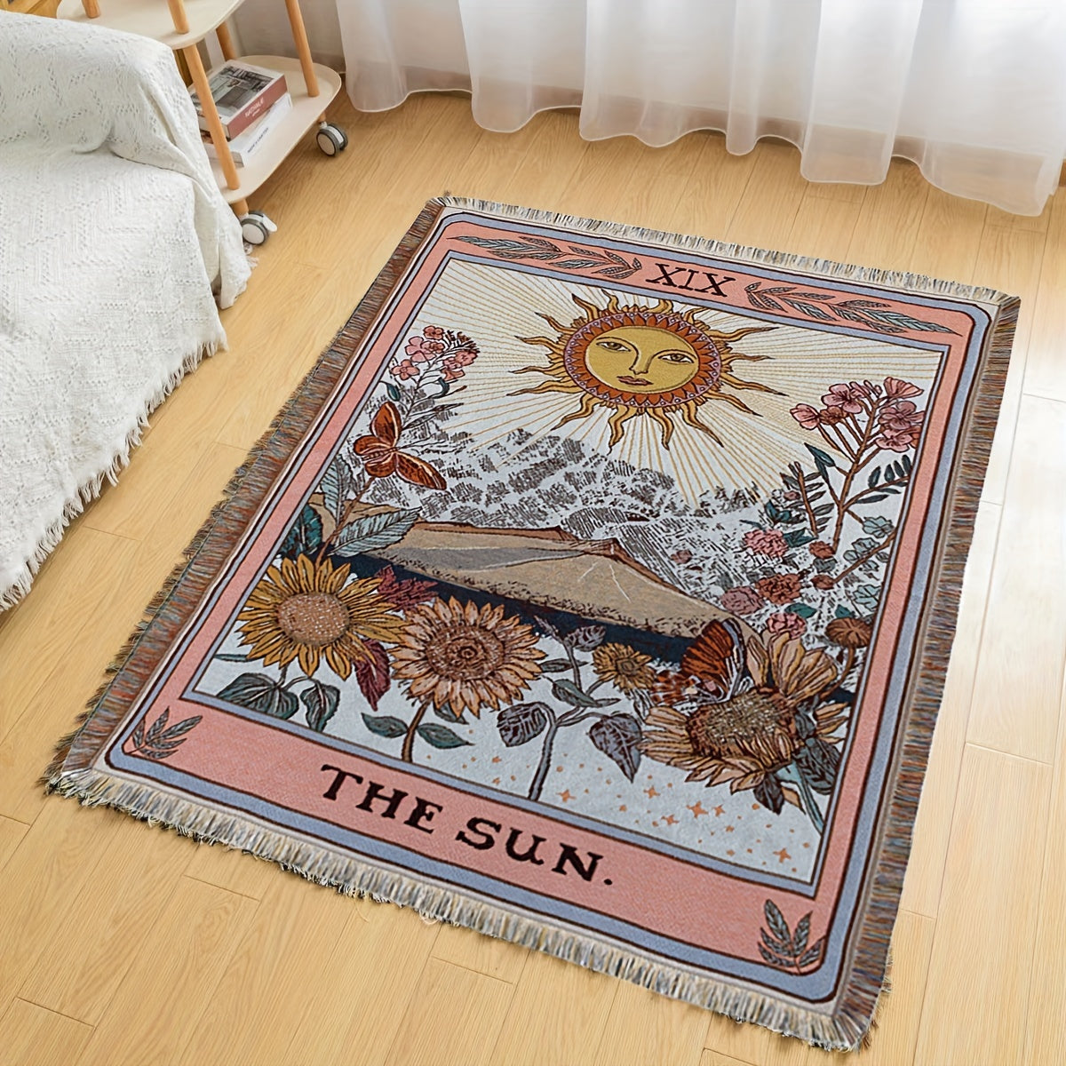 Bohemian Sun Tarot Card Design Throw Blanket - Soft, Lightweight, Washable Knit with Tassels, Perfect for Bed, Sofa, Yoga, Camping & Picnics, Indoor & Outdoor Use, Picnic Blanket | Bohemian Style | Fringed Detailing, Bohemian