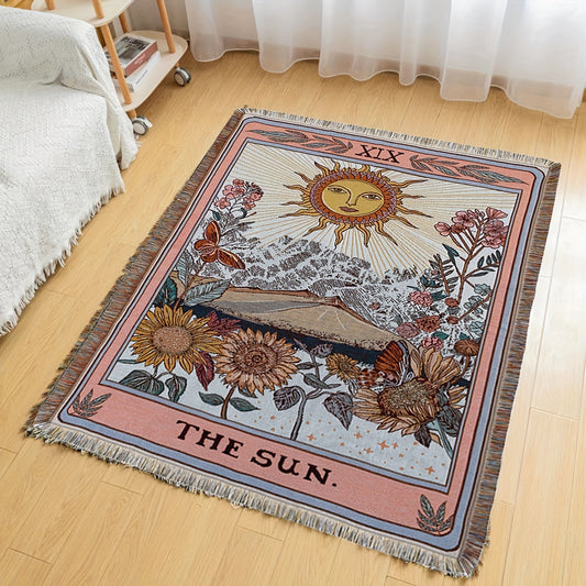 Bohemian Sun Tarot Card Design Throw Blanket - Soft, Lightweight, Washable Knit with Tassels, Perfect for Bed, Sofa, Yoga, Camping & Picnics, Indoor & Outdoor Use, Picnic Blanket | Bohemian Style | Fringed Detailing, Bohemian