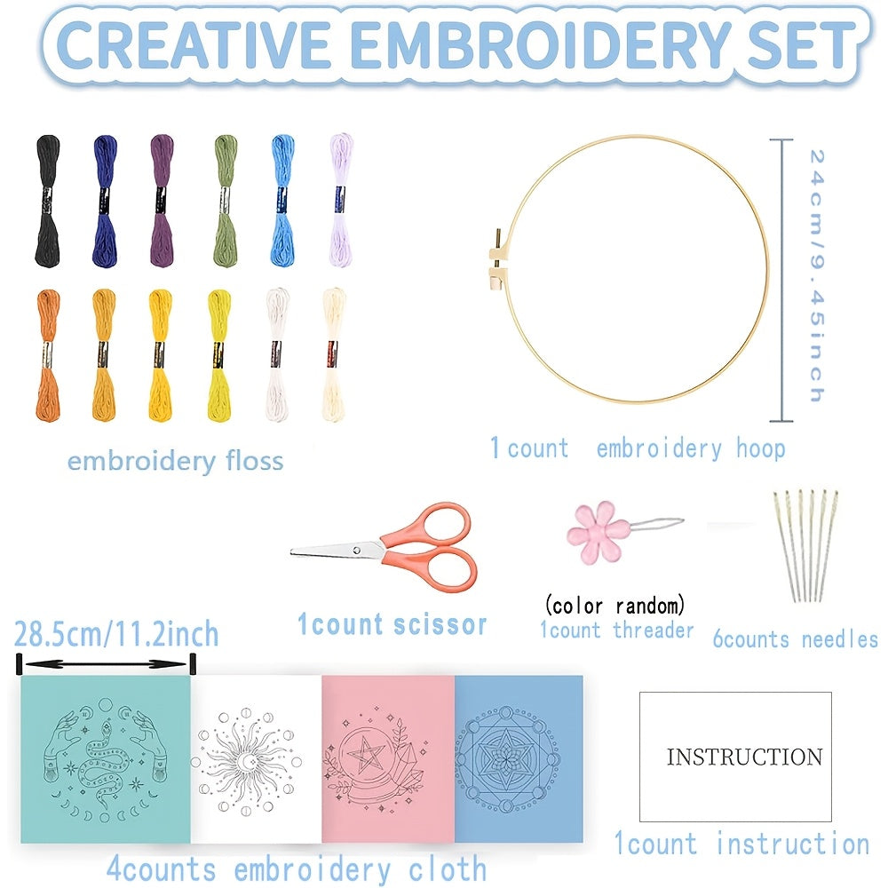 4pcs Mysterious Tarot Divination Themed Embroidery DIY Kit - Embroidery Art Set Featuring Star And Crystal Ball Patterns - Includes 4 Printed Embroidery Fabrics, Ample Embroidery Threads, 1 Embroidery Hoop, Embroidery Tools (