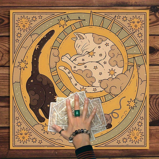 Mystical Witchy Cat Altar Cloth - 1pc Sun and Moon Polyester Tablecloth for Tarot Reading, Party Games & Activities - 14+ Polyester Altar Cloth with Celestial Design, No Electricity Needed
