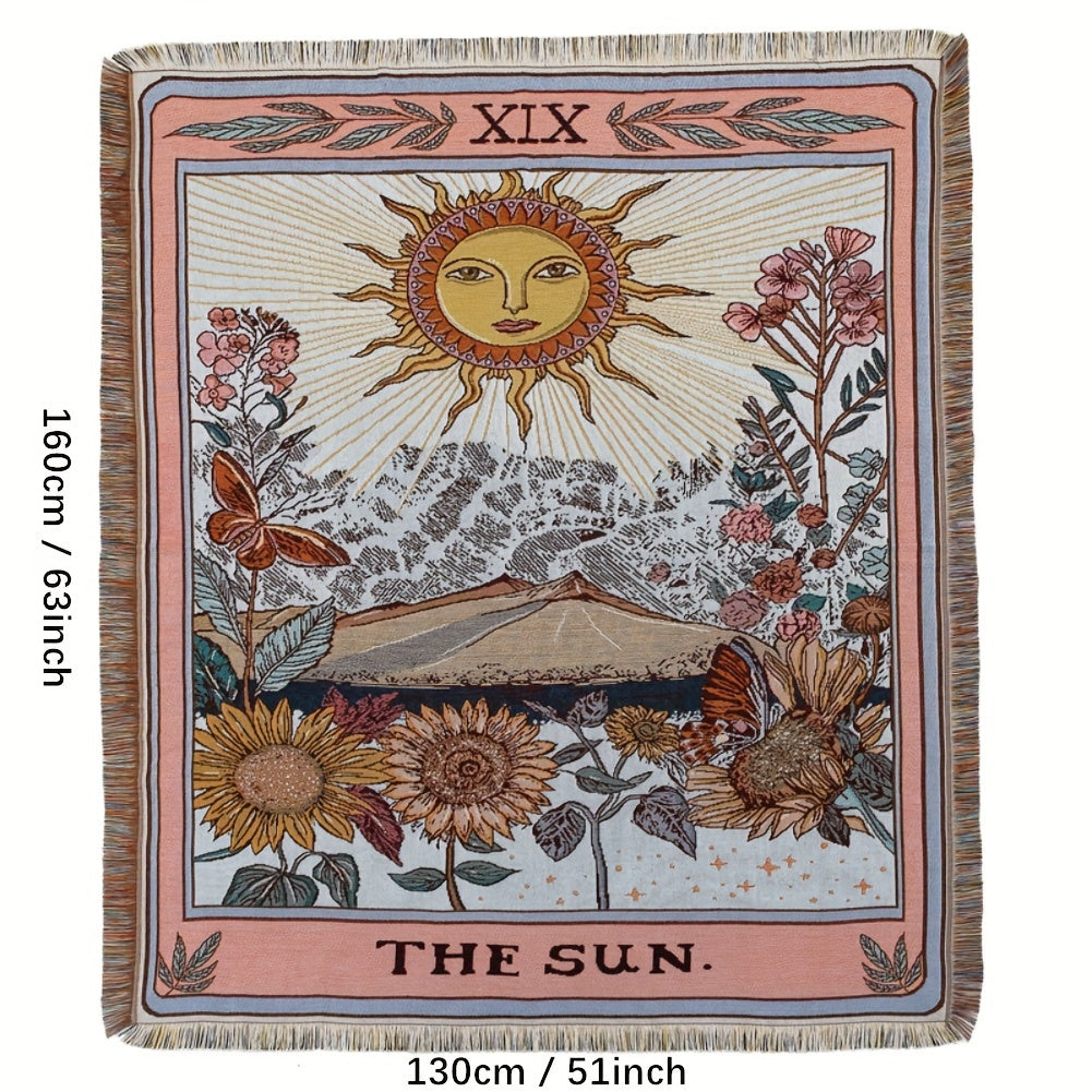 Bohemian Sun Tarot Card Design Throw Blanket - Soft, Lightweight, Washable Knit with Tassels, Perfect for Bed, Sofa, Yoga, Camping & Picnics, Indoor & Outdoor Use, Picnic Blanket | Bohemian Style | Fringed Detailing, Bohemian