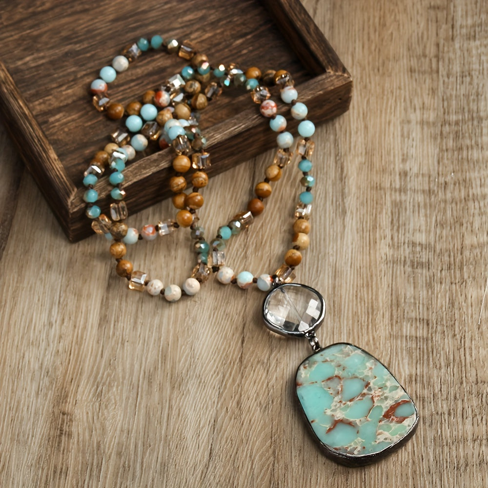 Spring Series Bohemian Vintage Style Natural Stone Crystal Glass Knot Pendant Necklace Square Natural Stone Pendant Women's Sweater Chain Necklace