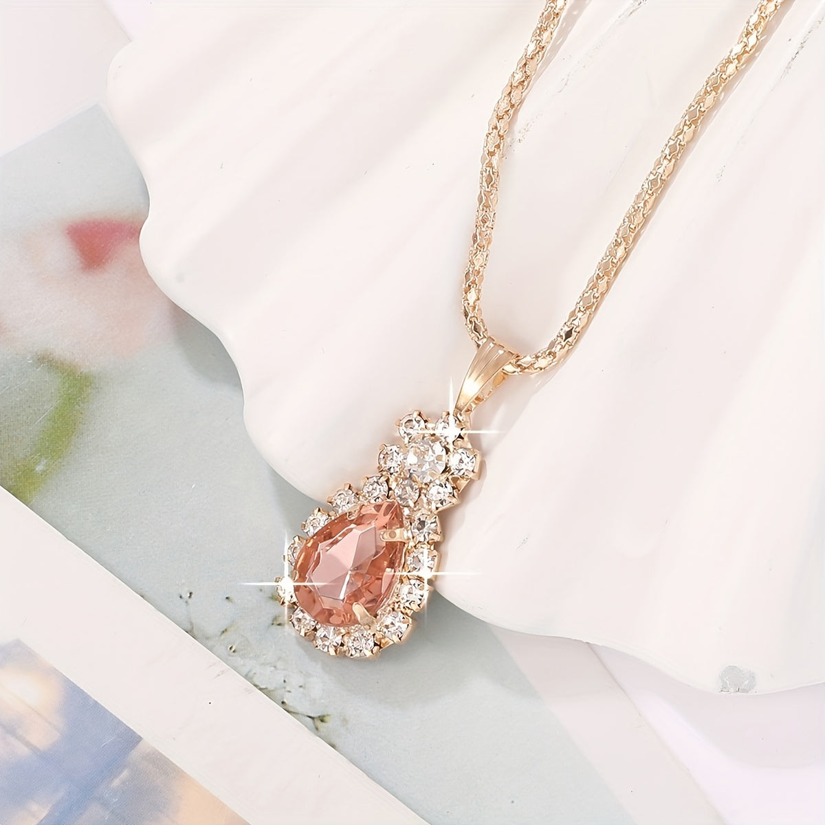 Elegant 4pcs Women's Fashion Teardrop Jewelry Set, Necklace & Earrings, Crystal Embellished, Rose Golden/Ruby Color Options, Gift Box Included For Special Occasions