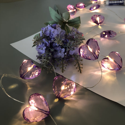 LED Valentine's Day Decorative Light, Imitation Crystal Purple Love Heart String Lights, 3D Three-dimensional Acrylic Heart Fairy Lamp, Valentine's Day and Mother's Day Gift, Suitable for Proposal, Wedding, Birthday Party Dec