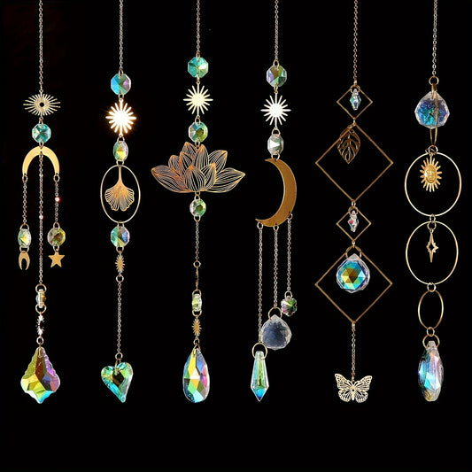 6pcs Beautiful Crystal Prism Sun Catcher - With Sun, Star, Moon, Lotus, Leaf Window Ornament and Chain - Garden Rainbow Maker Hanging Wind Chimes for Wedding, Party, Brass Div Jewelry