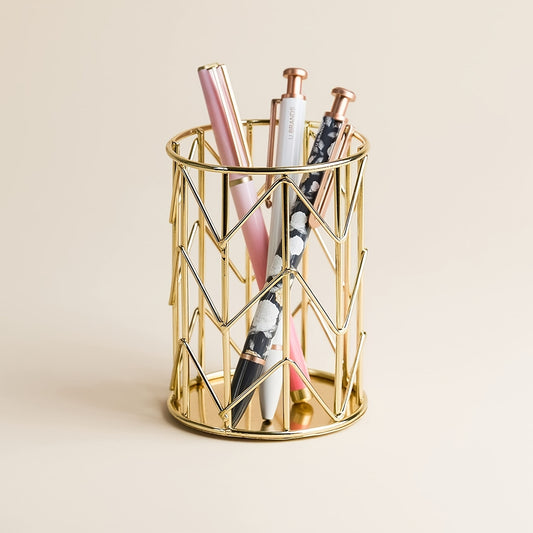 Upgrade Your Desk with This Stylish Golden Metal Pen Holder - Perfect for Home & Office Organization!