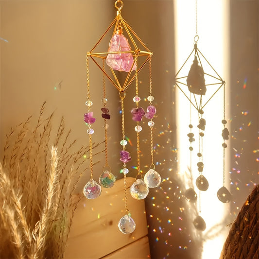 1pc Elegant Metal Sun Catcher with Natural Raw Stones, Crystal Prism Rainbow Maker Pendant for Wedding Decor, Indoor Window Room Garden Yard Ornament