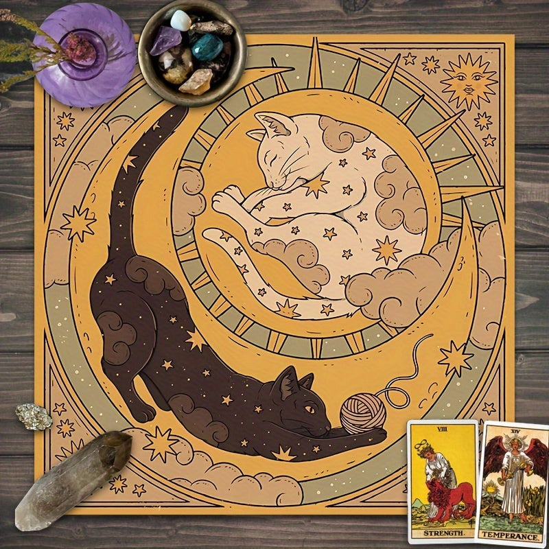 Mystical Witchy Cat Altar Cloth - 1pc Sun and Moon Polyester Tablecloth for Tarot Reading, Party Games & Activities - 14+ Polyester Altar Cloth with Celestial Design, No Electricity Needed