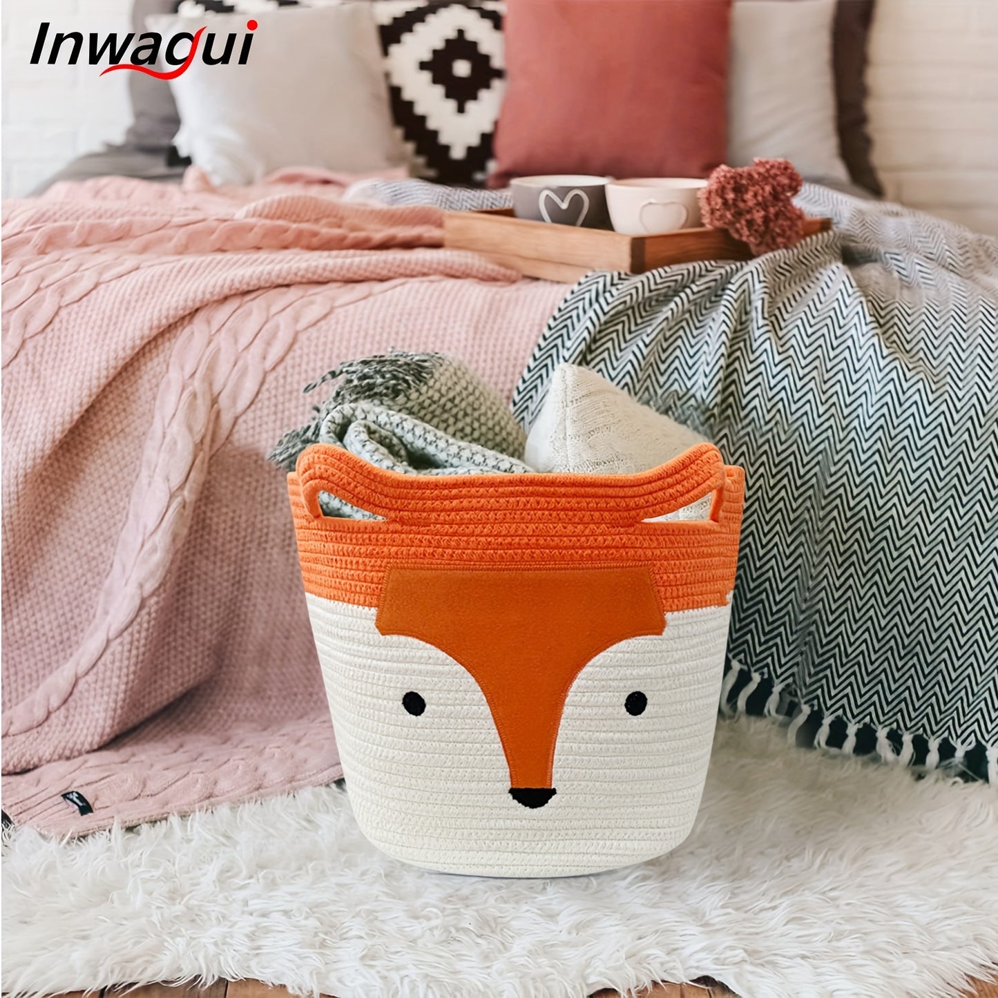 Rope Basket, Large Woven Storage Basket, Baby Toy Basket, Nursery Blanket Laundry Hamper with Handles for Kids, Clothes, Home Decor, Cute Fox 35X30X28Cm/13.78X11.81X11.02Inch, Orange, Laundry Baskets