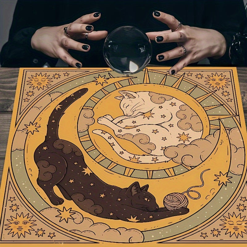 Mystical Witchy Cat Altar Cloth - 1pc Sun and Moon Polyester Tablecloth for Tarot Reading, Party Games & Activities - 14+ Polyester Altar Cloth with Celestial Design, No Electricity Needed
