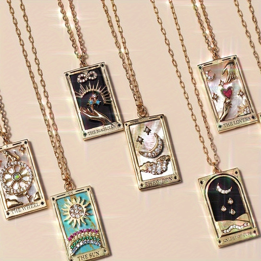 1pc Vintage Tarot Necklace with Sun Moon Heart World Card Pendants - Golden-Tone -Coated Astrology Symbols, Elegant Celestial Jewelry for Women, Casual Attire & Gift Idea, Zodiac Jewelry, Intricate Detailing, Bead Chain