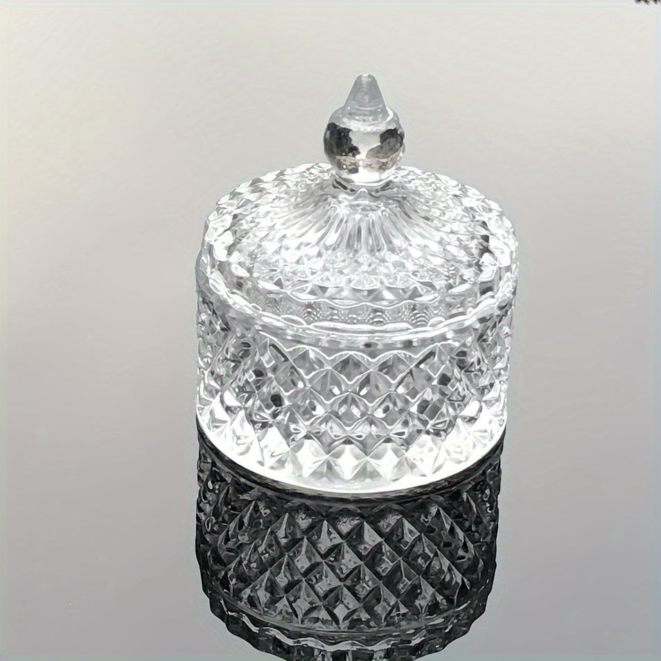 1pc Elegant Crystal Glass Jar with Lid, Transparent Swab Storage Box, Jewelry Organizer, Decorative Crystal Craft, Multi-Purpose Glass Container for Home Decor, Room Decor