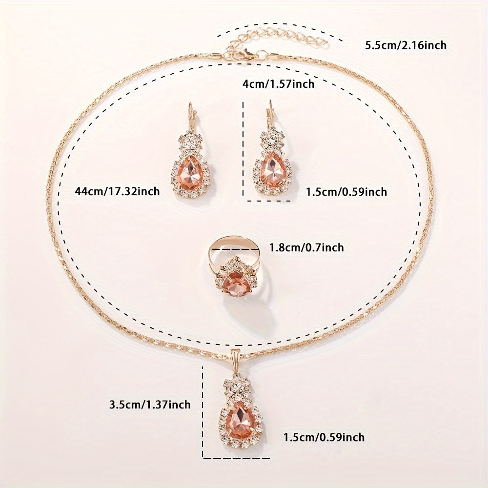 Elegant 4pcs Women's Fashion Teardrop Jewelry Set, Necklace & Earrings, Crystal Embellished, Rose Golden/Ruby Color Options, Gift Box Included For Special Occasions