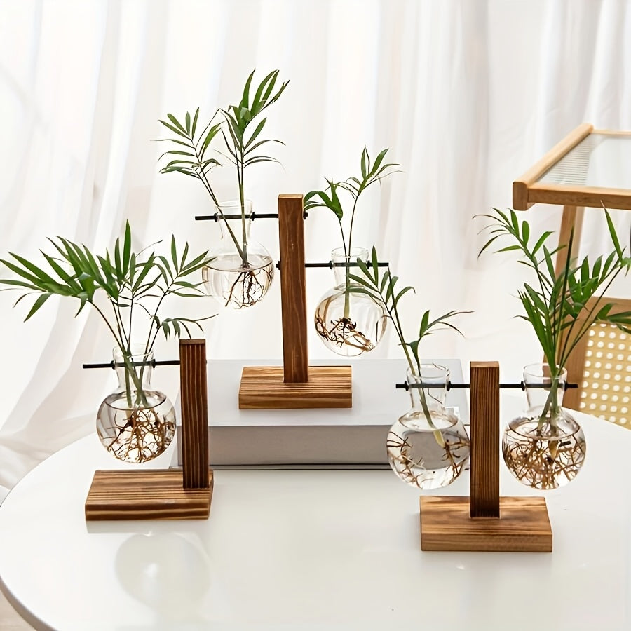 1/2pcs Hydroponic Glass Vintage Desktop Plant Terrarium Planter with Retro Wooden Stand for Water Planting Propagation and Home Garden
