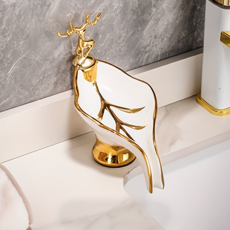 1pc Leaf Shaped Soap Box With Deer Decoration, Self-draining Soap Dish, Soap Holder For Bathroom & Kitchen, Home Decor, Bathroom Essential