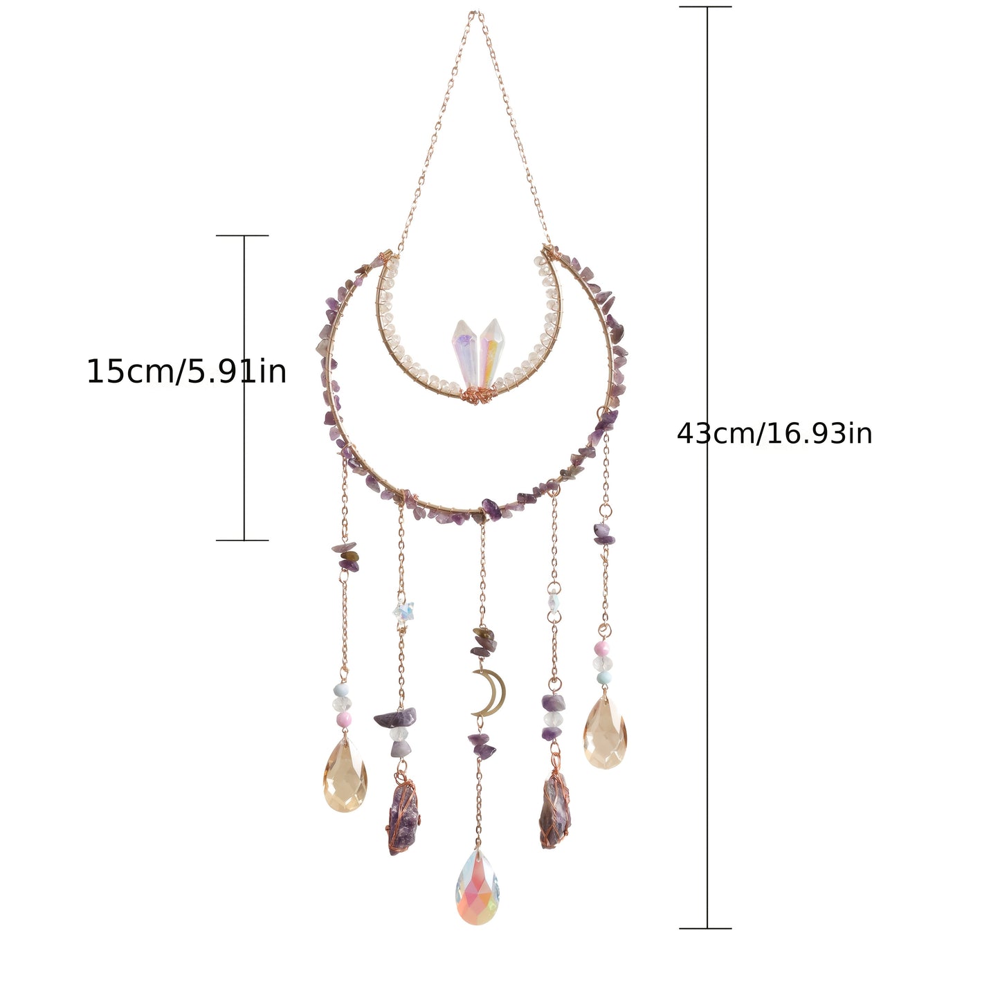 Bohemian Crystal Dream Catcher Sun Catcher Wall Hanging - Handmade Natural Crystal & Gemstone Wind Chimes with Rainbow Maker, Crescent Moon & Teardrop Pendants for Indoor/Outdoor Window Garden Decor, Christmas Wedding Birthda