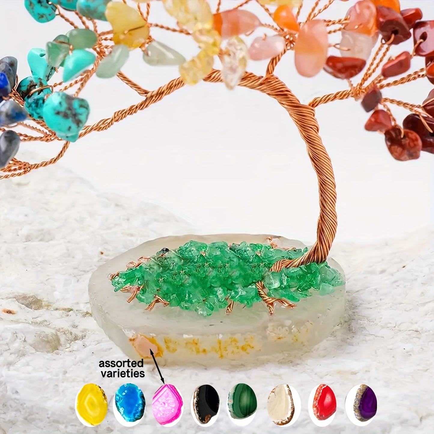 1pc Seven Chakra Stone Potted Plant Tree, Handcrafted Crystal Money Tree With Natural Agate Base, Lucky Decorative Craft For Wealth And Prosperity, Irregular Cracks & Small Gaps Possible -Jewelry Patterns
