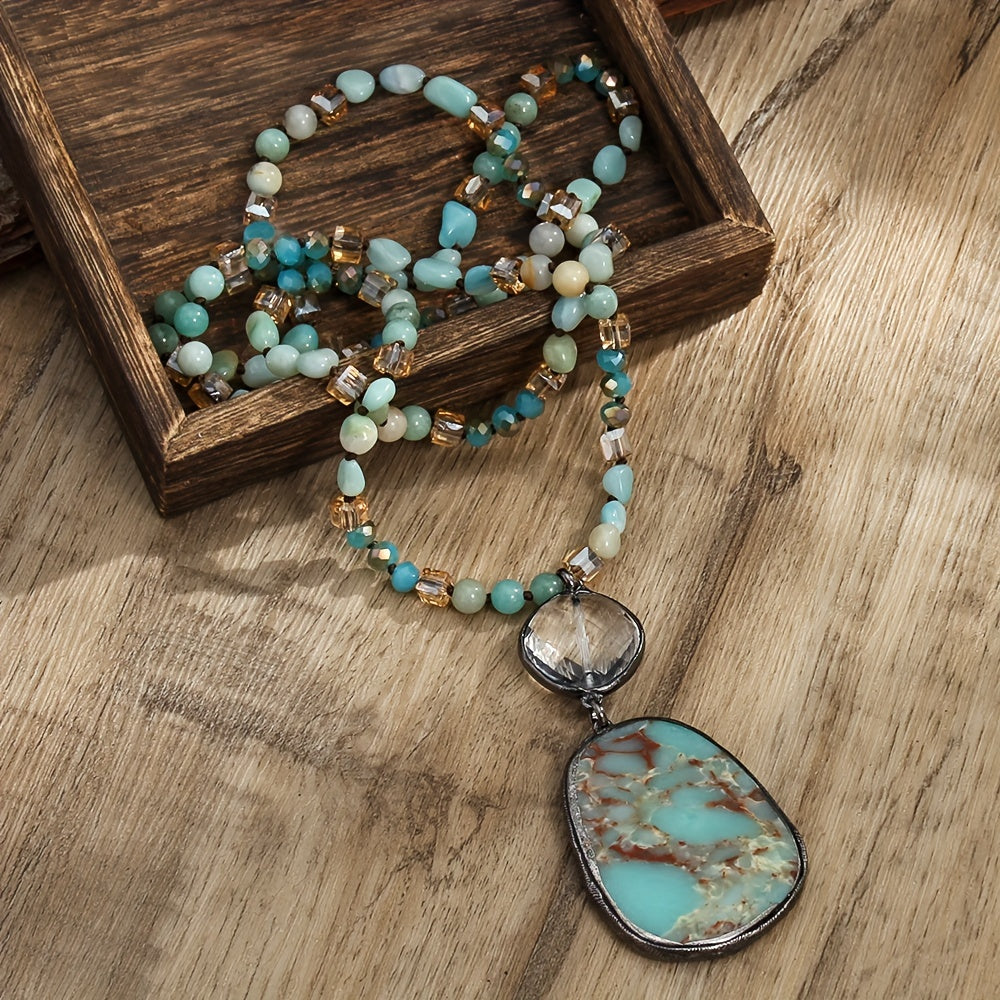 Spring Series Bohemian Vintage Style Natural Stone Crystal Glass Knot Pendant Necklace Square Natural Stone Pendant Women's Sweater Chain Necklace