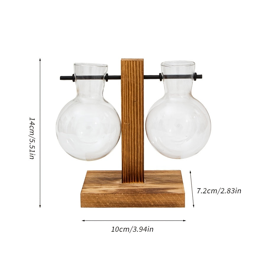 1/2pcs Hydroponic Glass Vintage Desktop Plant Terrarium Planter with Retro Wooden Stand for Water Planting Propagation and Home Garden