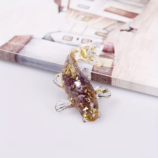 1pc Elegant Crystal Fish Ornament - Handcrafted Resin & Natural Crystal Gravel, Golden-Scaled Purple Koi Fish Design, Ideal for Home Decor, Perfect Gift