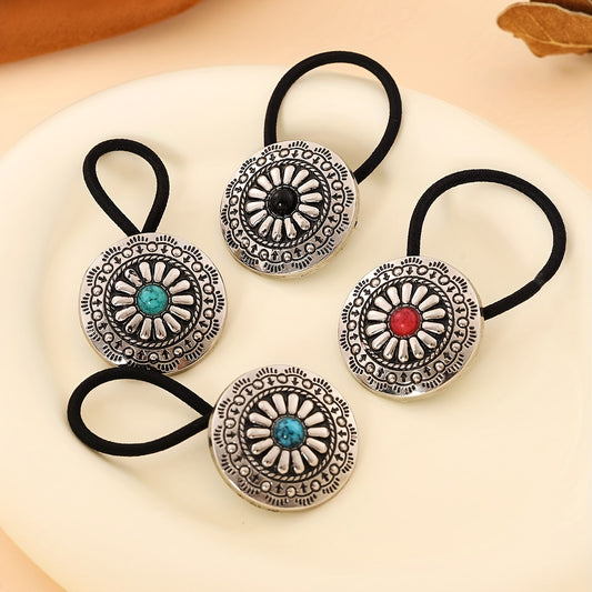 4pcs Vintage Bohemian Alloy Hair Ties, Western Cowboy Style Sunflower Rubber Bands, Rustic Pumpkin Flower Fashion Silvery Hair Accessories, Crystal Hollow Design, Color Matched Set for Valentine'S Day