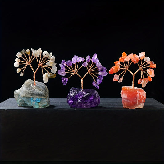 1PC Natural Gemstone Crystal Lucky Tree With Raw Stone Base, Home Office Desk Living Room Crystal Decor Mini Sized