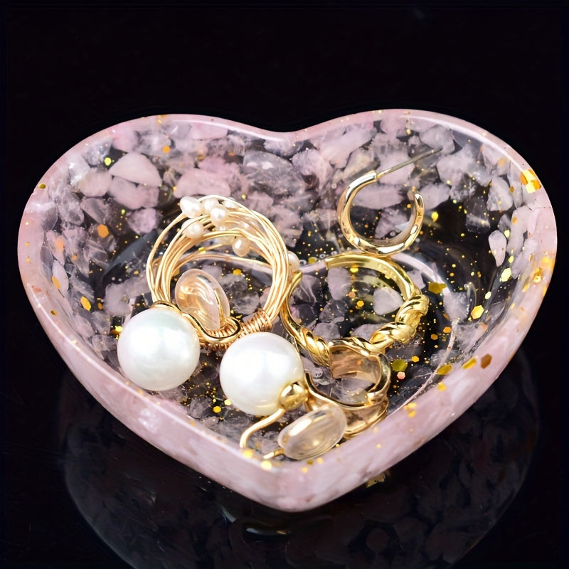 Chic Heart-Shaped Resin Jewelry Tray with Natural Gravel & Crystal Accents - Perfect for Earrings, Rings, and Home Decor - Ideal Gift for Christmas, Valentine's, Mother's Day, Beauty Table, Anti-magnetic