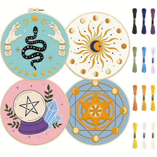 4pcs Mysterious Tarot Divination Themed Embroidery DIY Kit - Embroidery Art Set Featuring Star And Crystal Ball Patterns - Includes 4 Printed Embroidery Fabrics, Ample Embroidery Threads, 1 Embroidery Hoop, Embroidery Tools (