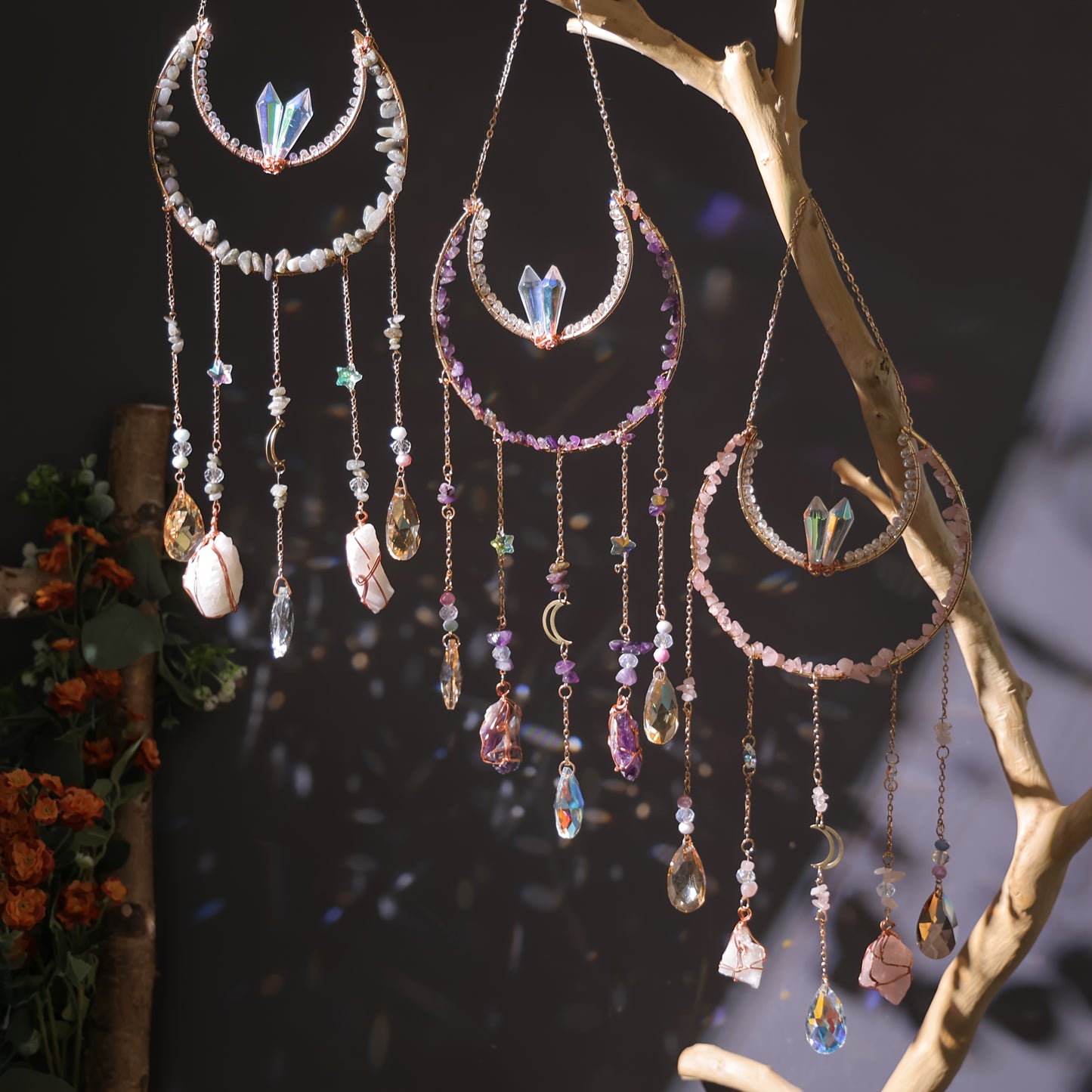 Bohemian Crystal Dream Catcher Sun Catcher Wall Hanging - Handmade Natural Crystal & Gemstone Wind Chimes with Rainbow Maker, Crescent Moon & Teardrop Pendants for Indoor/Outdoor Window Garden Decor, Christmas Wedding Birthda