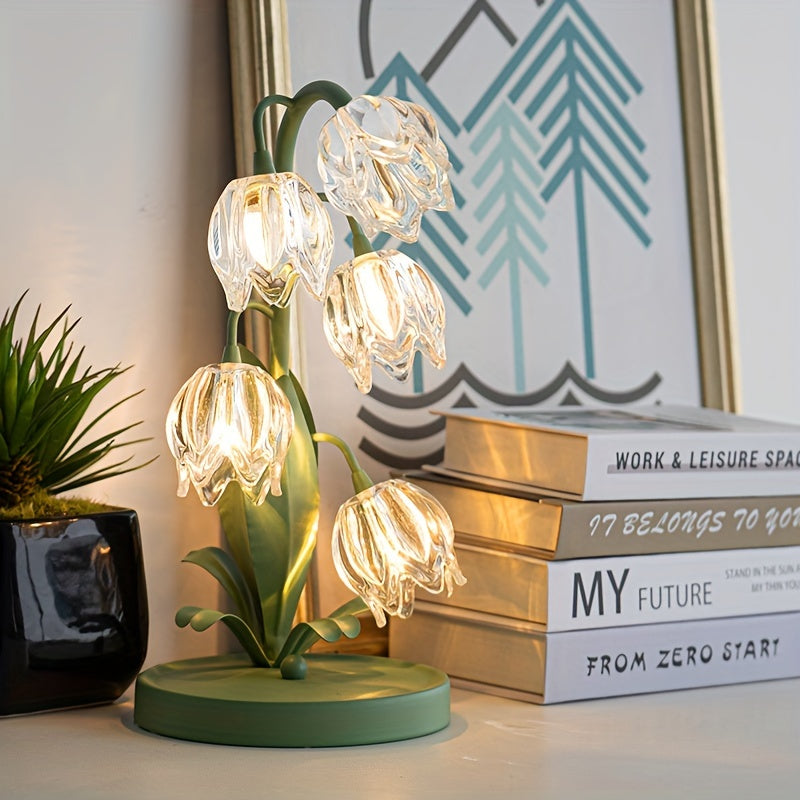 Elegant Crystal Orchid Table Lamp – Art Deco Glass Flower Design with Frosted Metal Finish, USB-Powered Ambient Light for Bedroom, Living Room, or Study Decor, Table Lamp for Bedroom
