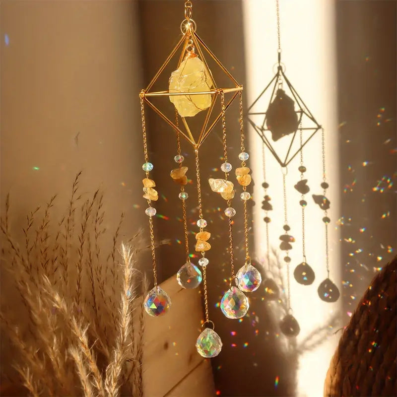 1pc Elegant Metal Sun Catcher with Natural Raw Stones, Crystal Prism Rainbow Maker Pendant for Wedding Decor, Indoor Window Room Garden Yard Ornament