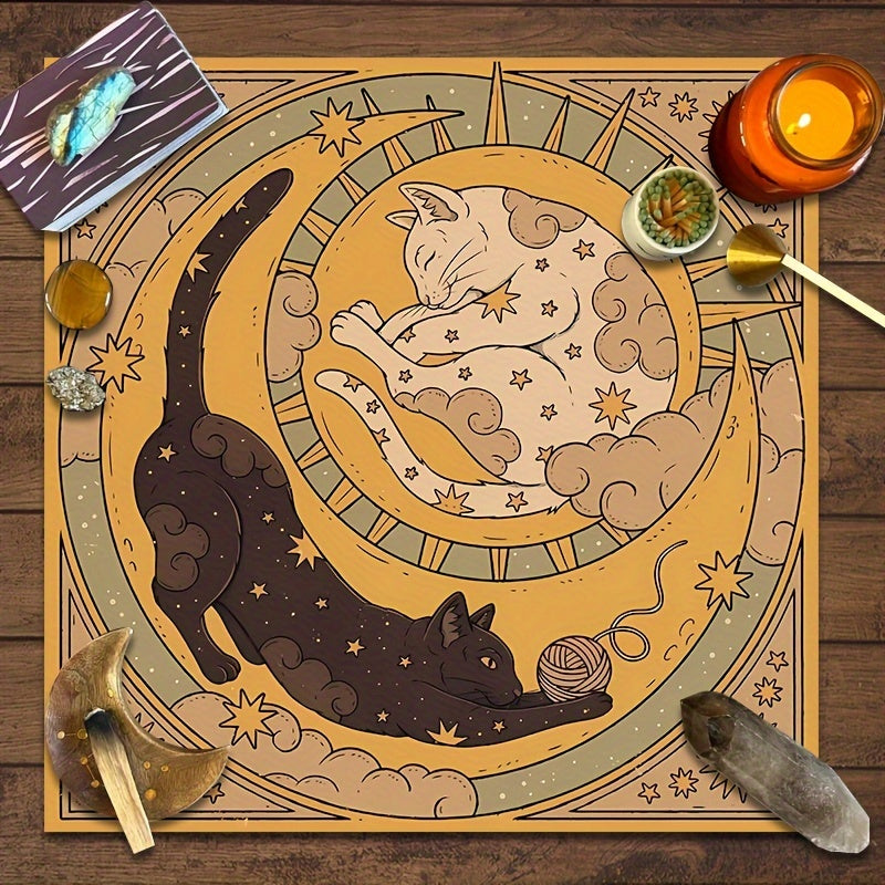 Mystical Witchy Cat Altar Cloth - 1pc Sun and Moon Polyester Tablecloth for Tarot Reading, Party Games & Activities - 14+ Polyester Altar Cloth with Celestial Design, No Electricity Needed
