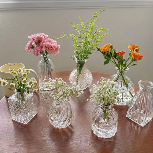 7pcs Glass Vase Set, Retro Transparent Glass Bud Vase, Crystal Mini Flower Decorative Vase, Antique Decorative Small Opening Short Vase, Multi-Countryside Aesthetic Wedding Table Center