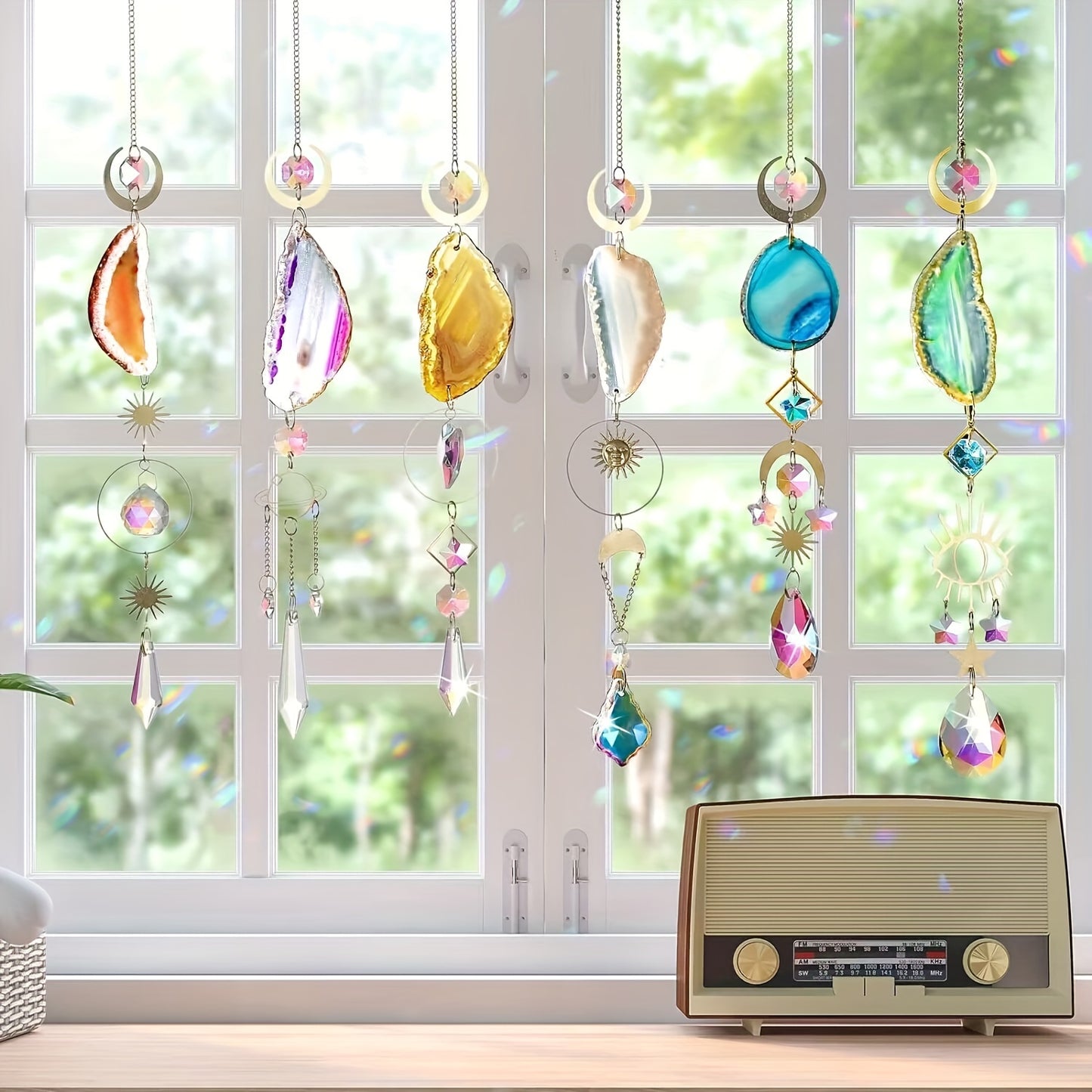 6pcs Crystal Suncatcher, Sun Catcher for Indoor Window Hanging with Crystal, Prism and Agate Slices, Light Catcher for Indoor and Outdoor Home Garden Wedding Decoration
