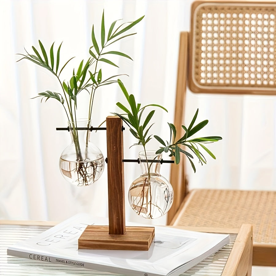 1/2pcs Hydroponic Glass Vintage Desktop Plant Terrarium Planter with Retro Wooden Stand for Water Planting Propagation and Home Garden