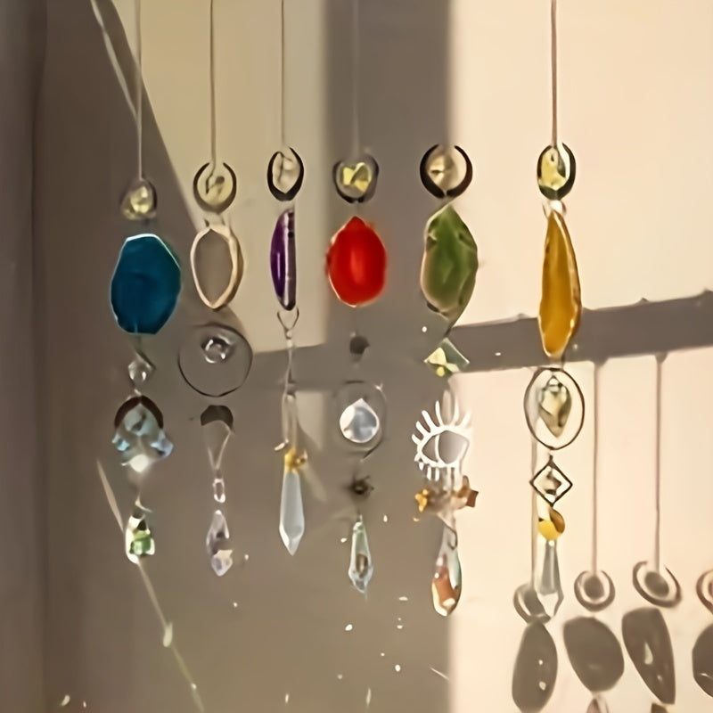 6pcs Crystal Suncatcher, Sun Catcher for Indoor Window Hanging with Crystal, Prism and Agate Slices, Light Catcher for Indoor and Outdoor Home Garden Wedding Decoration