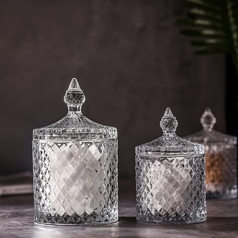 1pc Elegant Crystal Glass Jar with Lid, Transparent Swab Storage Box, Jewelry Organizer, Decorative Crystal Craft, Multi-Purpose Glass Container for Home Decor, Room Decor