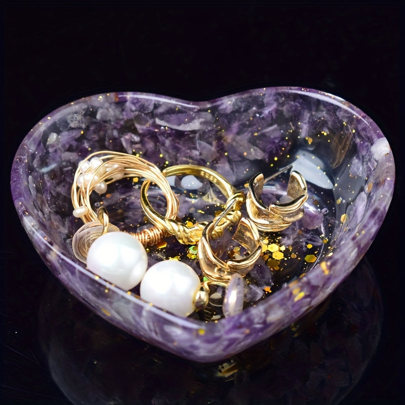 Chic Heart-Shaped Resin Jewelry Tray with Natural Gravel & Crystal Accents - Perfect for Earrings, Rings, and Home Decor - Ideal Gift for Christmas, Valentine's, Mother's Day, Beauty Table, Anti-magnetic