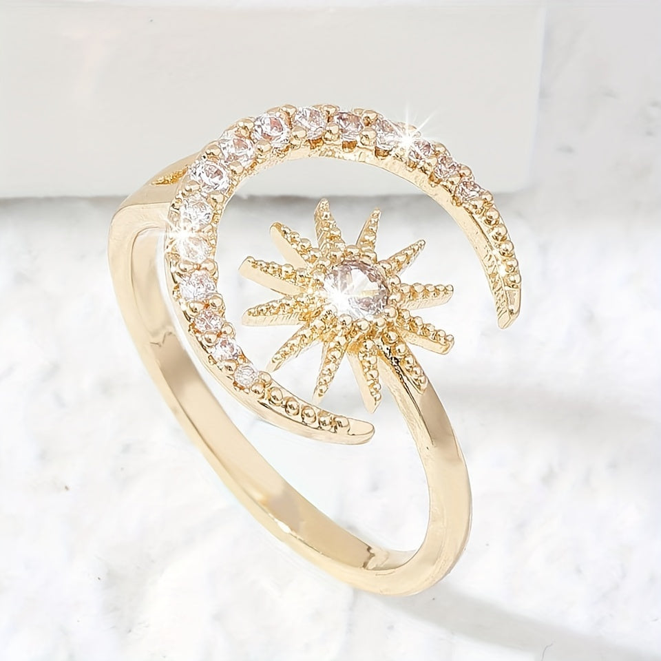 Elegant Style Star Moon Crystal Ladies Ring Inlaid zirconia Chunky Open Adjustable Ring For Women for eid, ramadan