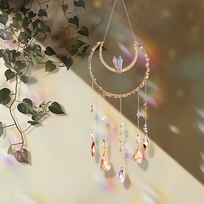 Bohemian Crystal Dream Catcher Sun Catcher Wall Hanging - Handmade Natural Crystal & Gemstone Wind Chimes with Rainbow Maker, Crescent Moon & Teardrop Pendants for Indoor/Outdoor Window Garden Decor, Christmas Wedding Birthda