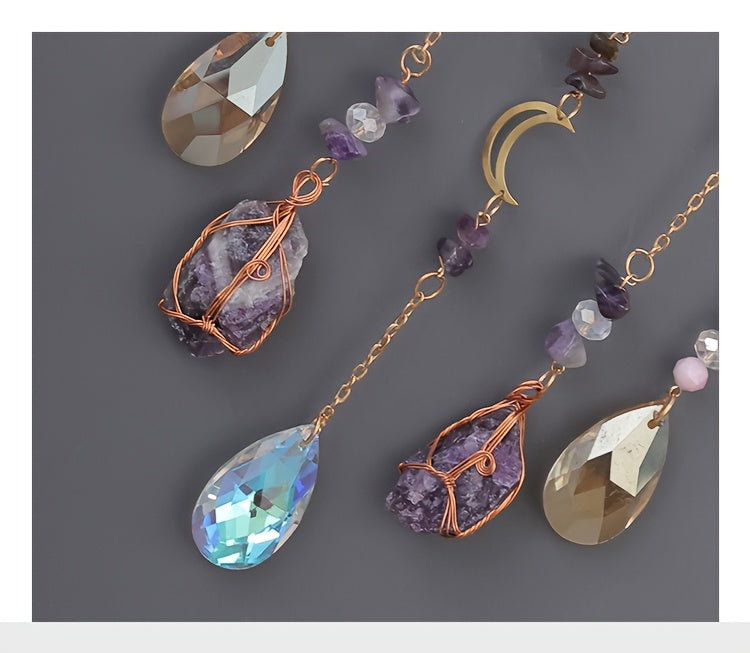 Bohemian Crystal Dream Catcher Sun Catcher Wall Hanging - Handmade Natural Crystal & Gemstone Wind Chimes with Rainbow Maker, Crescent Moon & Teardrop Pendants for Indoor/Outdoor Window Garden Decor, Christmas Wedding Birthda